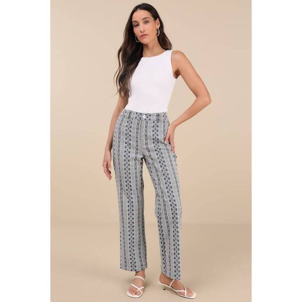 Lulus Sunnier Scenes Blue And Ivory Embroidered High-rise Pants - Size M